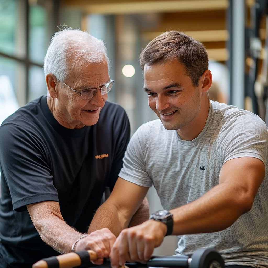 Персональний тренер працює з клієнтом над індивідуальною програмою тренувань